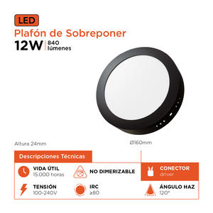 Panel Led Redondo Aplicar 12w Luz Fria (negro) Black+decker