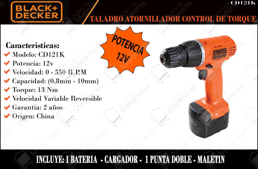 Black & Decker Atornillador Taladro 10mm - 12 V + Maletin