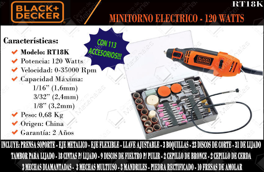 Black \u0026 Decker Minitorno 120w +113 Acc Flexible - Maletin - Centro de  Materiales