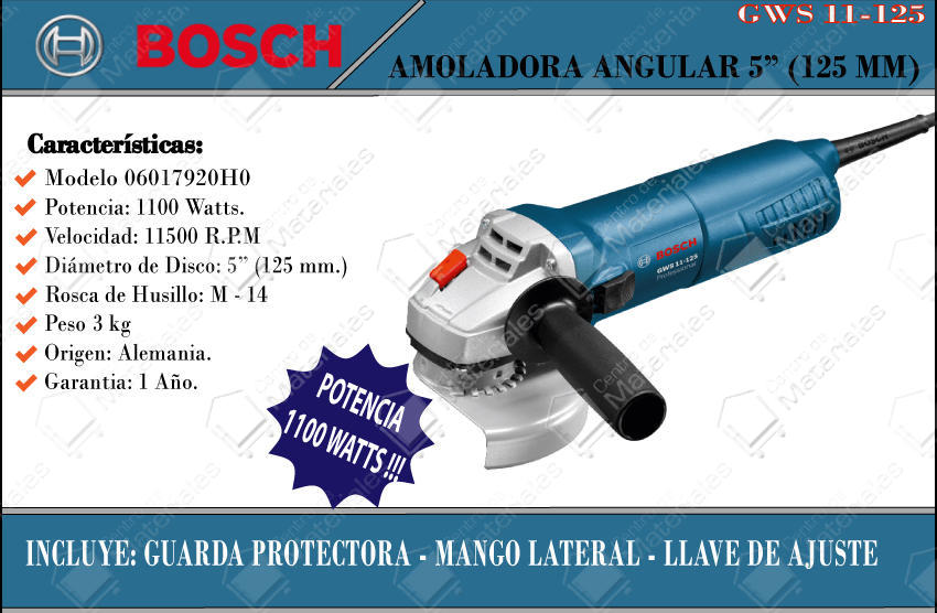 Exactitud Glamour Machu Picchu Bosch Amoladora 125 Mm 5" Gws 11-125 1100w - Centro de Materiales