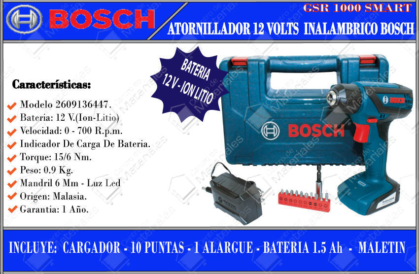 Bosch Atornillador Taladro 12v Max 1,5ah Mandril 1/4 Torque 15 Nm V. V. Gsr  1000 Smart - Centro de Materiales