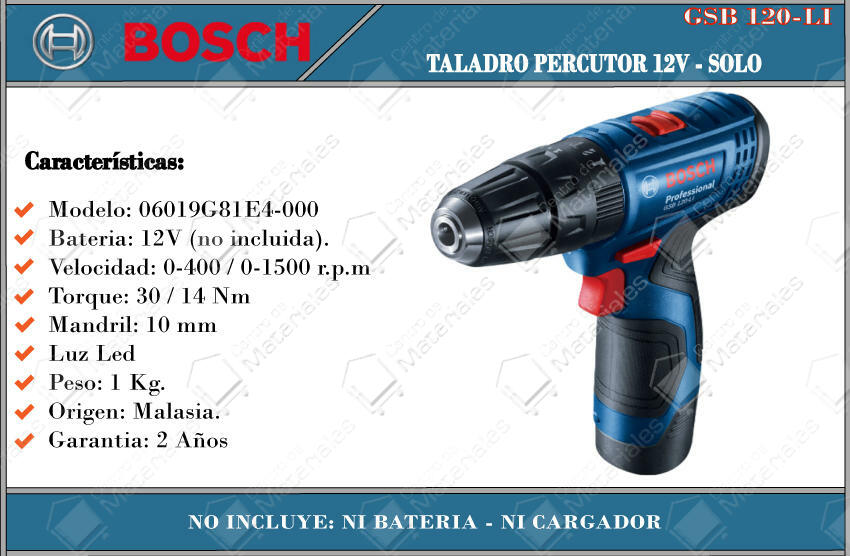 Bosch Atornillador Taladro Percutor 12v 10mm Gsb120-li - Solo Sin Bateria - Sin Cargador