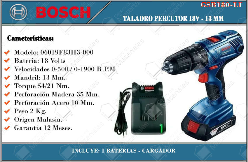 Bosch Atornillador Taladro Percutor 18v 13mm Gsb180-li - 1 Bateria