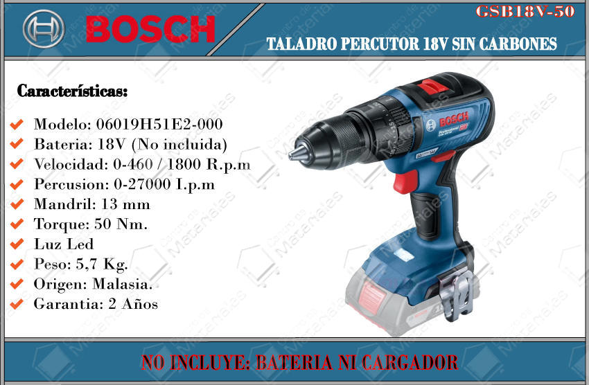 Bosch Atornillador Taladro Percutor 18v 13mm Gsb18v-50 - Sin Baterias - Sin  Cargador - Sin Carbones - Centro de Materiales