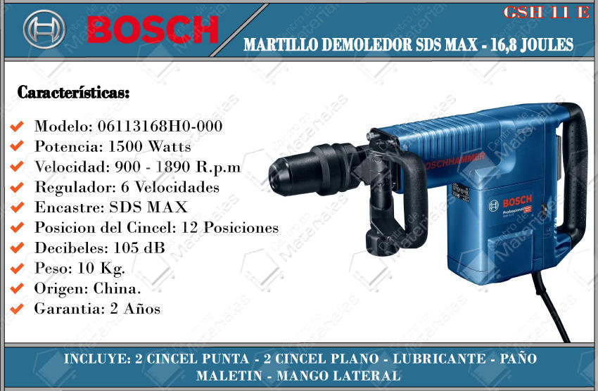 Bosch Martillo Demoledor 1500w Max Gsh 11 - 16,8 Joules - Centro de Materiales
