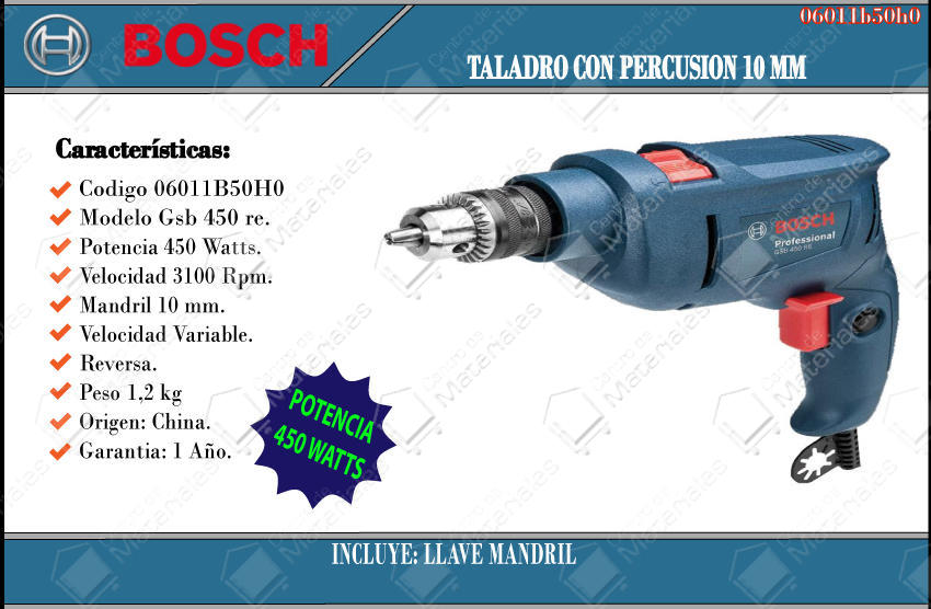 Bosch Taladro 10 Mm Percutor 450 W Gsb 450 Re - Centro de Materiales