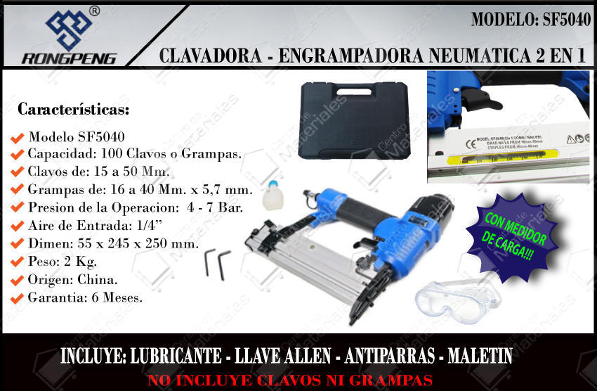 Clavadora Engrampadora Neumatica Rongpeng 2 En 1 (sf5040) Clavos 15-50 Gpa. 16-40mm X 5,7 Mm - Vista 2