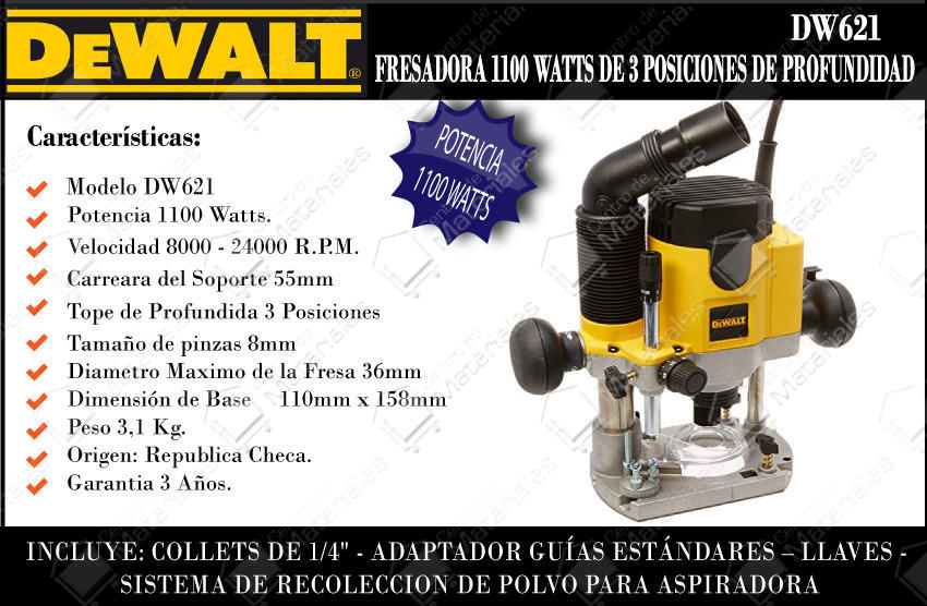 Dewalt Fresadora 800024000rpm 1100w Dw621ar Centro de Materiales