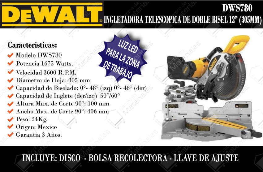 Dewalt Sierra Ingletadora 12" Telescopica 1675w Mad Y Alum