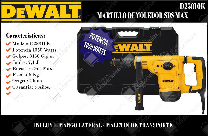 Kostbaar Fraude faillissement Dewalt Martillo Demoledor Max 1050w 7,1j 3150 Ipm (ex D25820k) - Centro de  Materiales