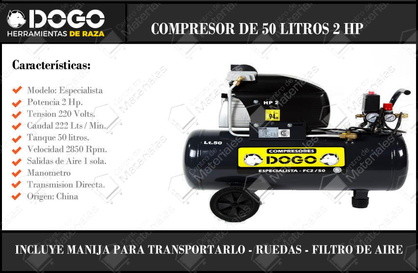 Dogo Compresor 50 Lts Monofasico 2 Hp Especialista - Centro de Materiales