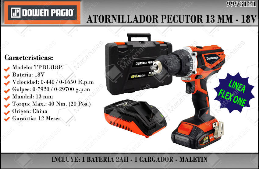 Dowen Pagio Atornillador Taladro C/perc 13mm 18v Litio 1 Bateria + 1  Cargador - Centro de Materiales