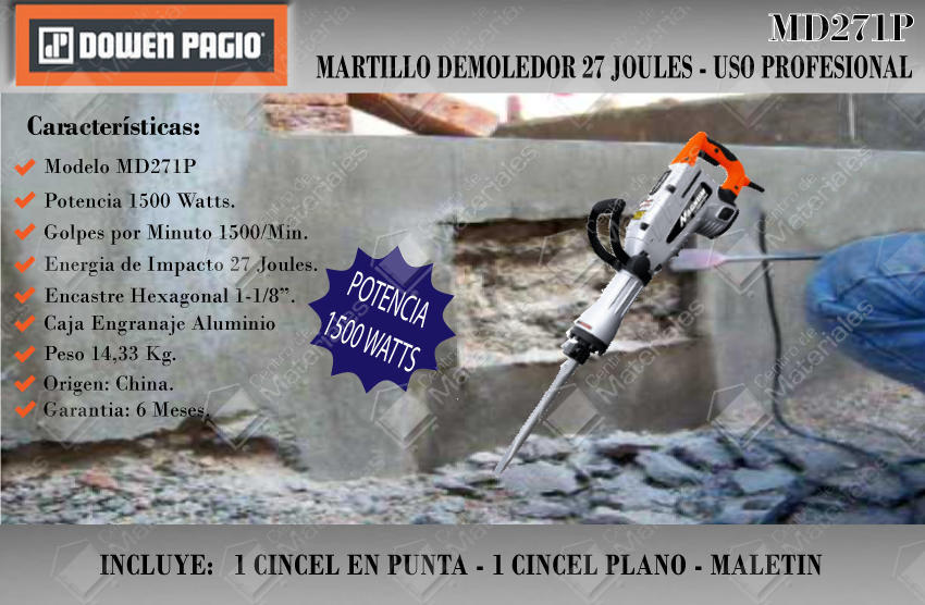 Dowen Pagio Martillo Demoledor Hex 30 C/red Md271p 1500 W 27j - Centro de  Materiales