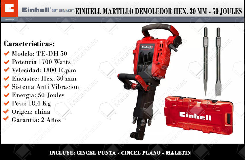 Einhell Martillo Demoledor Hex 30 Mm 1700w 50j Te-dh 50 - Centro de  Materiales