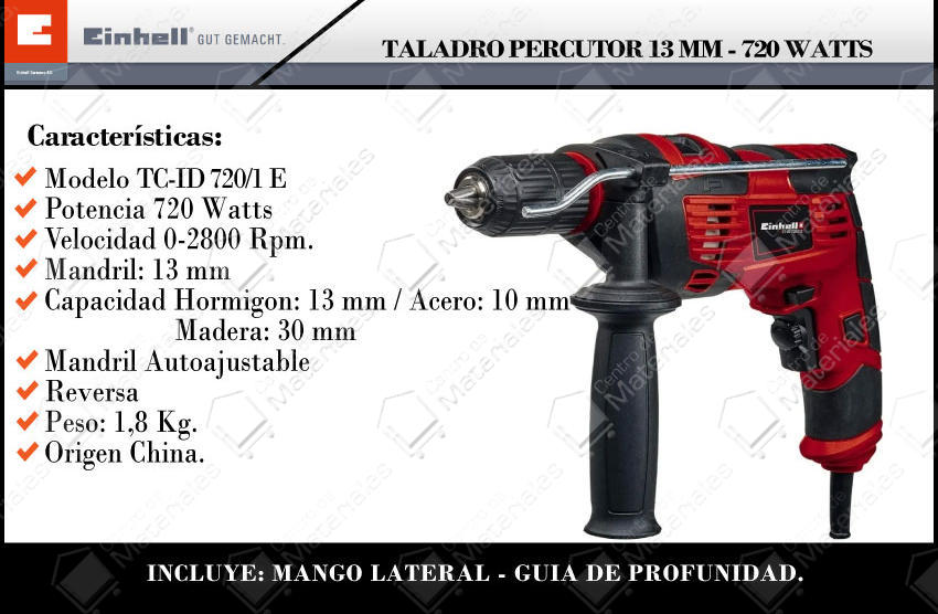 Einhell Taladro Percutor 13 Mm 720w Vel. Variable Tc-id 720/1 E - Centro de  Materiales
