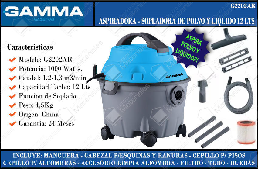 Aspiradora Gamma Polvo Liquido 10 Lts 1000w Hogar G2200