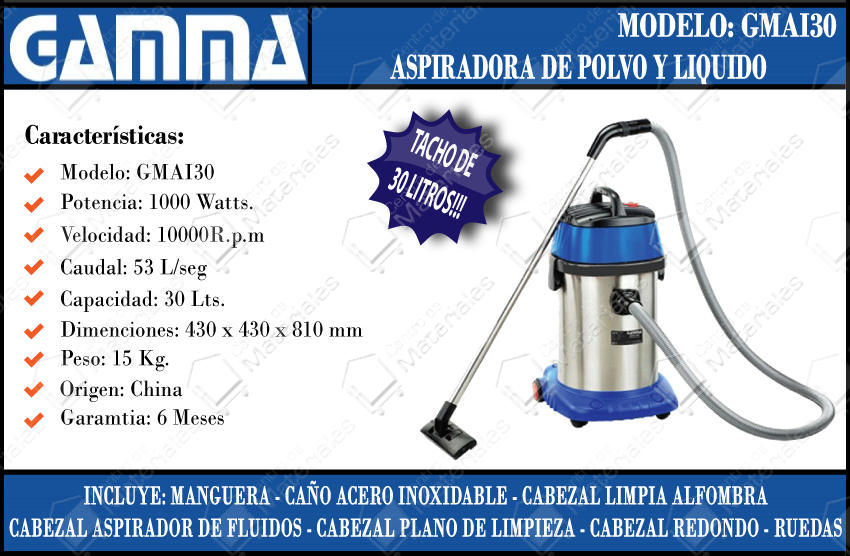 Gamma Aspiradora 30 Lt 1000w 220v Para Polvo Y Liquido - Centro de  Materiales