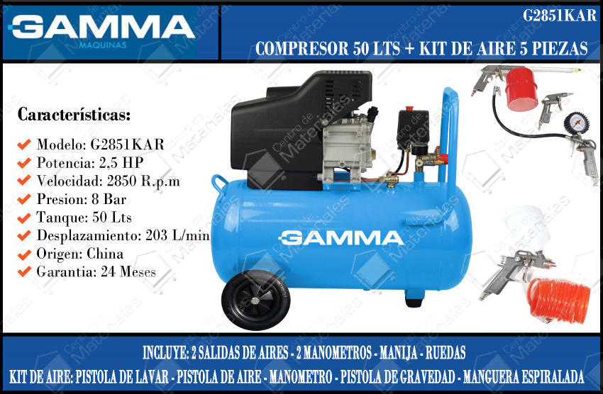 Gamma Compresor 50lt Con Kit De Aire Centro de Materiales