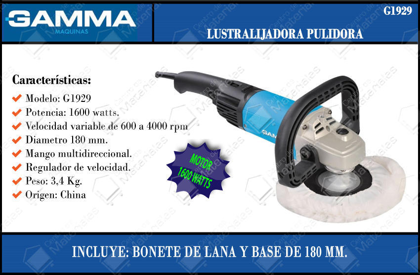 Gamma Lustralijadora 1600 Watts 180mm 1000-4000rpm - Centro de Materiales