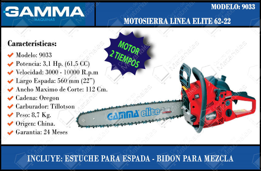 Gamma Motosierra 62cc 22'' 2 Tiempos Elite Cadena Oregon Carb Tillotson(usa)