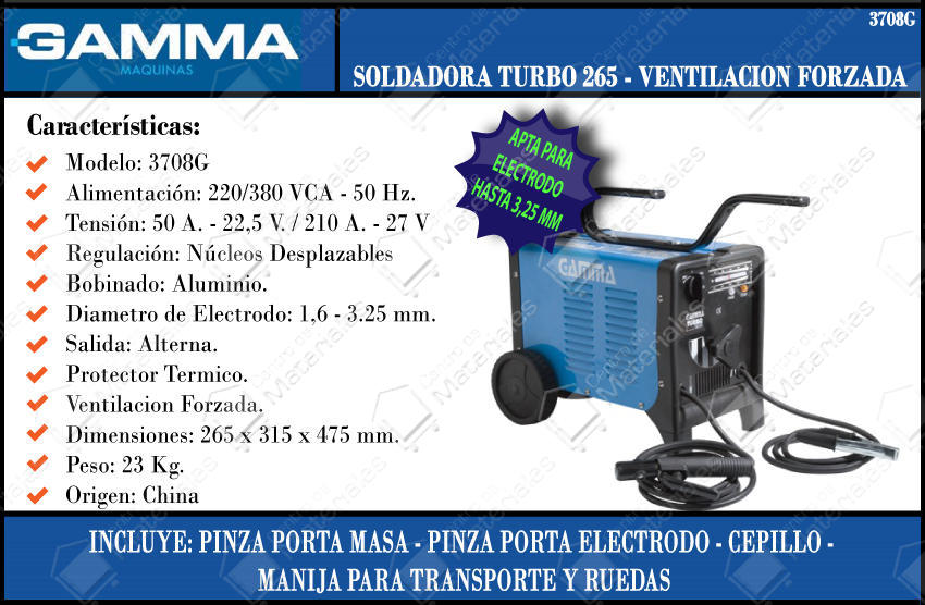 Gamma Soldadora Turbo 265 - 210 Amp. - Centro de Materiales