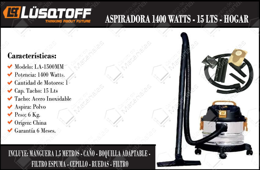 Lusqtoff Aspiradora 15 Lts 1400w Metal Polvo Liquido - Centro de Materiales
