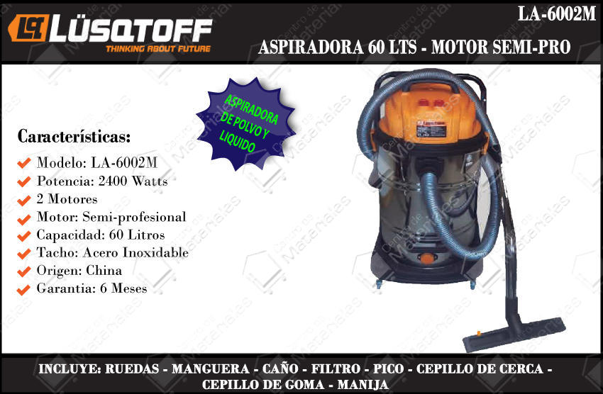 Aspiradora Industrial 1200w 1,6 Hp Tacho Inox. 25lt Lusqtoff