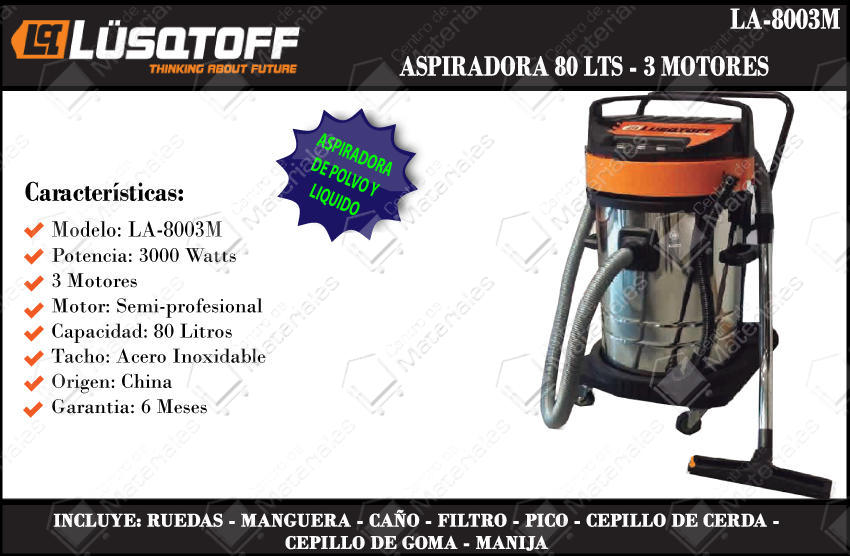 Lusqtoff Aspiradora 80 Lts 3000w 3 Motores Polvo Liquido Industrial -  Centro de Materiales