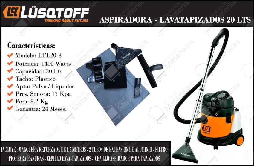 Lusqtoff Aspiradora Lavatapizados 20 Lt Inox Polvo/liquido 1400 Watts -  Centro de Materiales