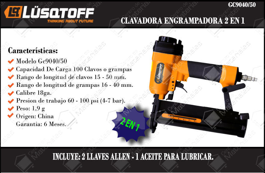 Lusqtoff Clavadora Engrampadora Neumatica 2 En 1 Clavos 15-50 Grampa  16-40mm X 5,7 Mm - Centro de Materiales