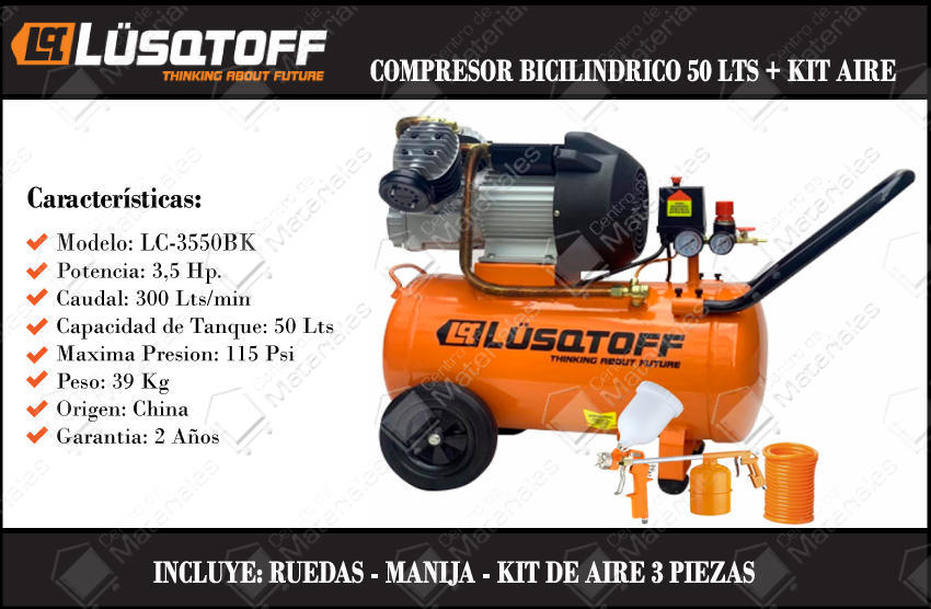 Lusqtoff Compresor 50 Lt 3.5 Hp Bicilindrico + Kit De Aire Centro de