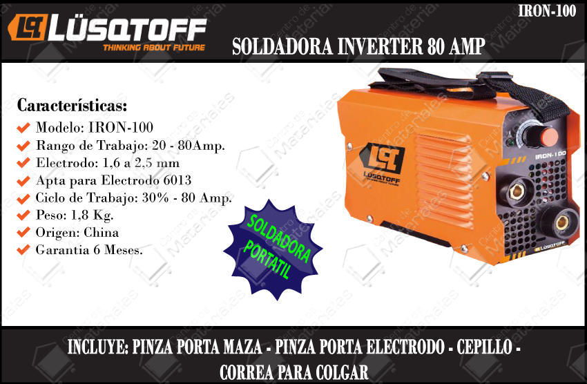 Lusqtoff Soldadora Inverter 80 A Iron 100 + Careta - Centro de Materiales