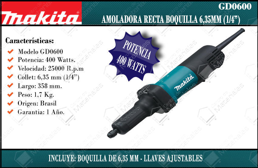 Makita Amoladora Recta 6mm 400 W 25000 Rpm - Centro de Materiales