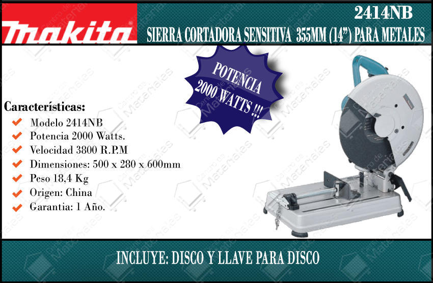 Makita Sierra Cortadora Sensitiva 355 Mm 2000w + Disco - Centro de  Materiales