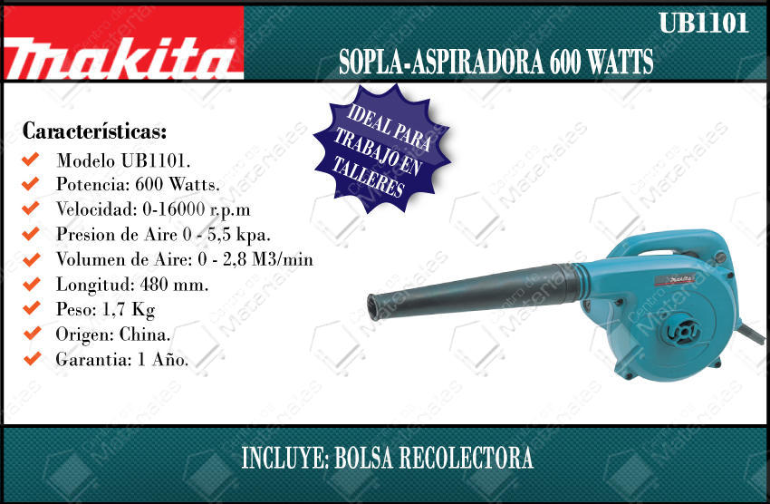 Makita Sopla Aspirador 600w Volum. Aire2,8m3/min (ub1101) - Centro de  Materiales