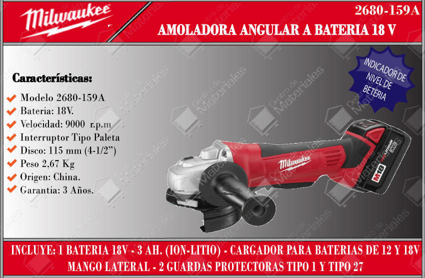 Milwaukee Amoladora 115 Mm 18v Interruptor Paleta 2680-159a - Centro de  Materiales