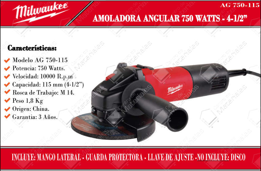Milwaukee Amoladora 115 Mm 750 W Ag750-115 - Centro de Materiales