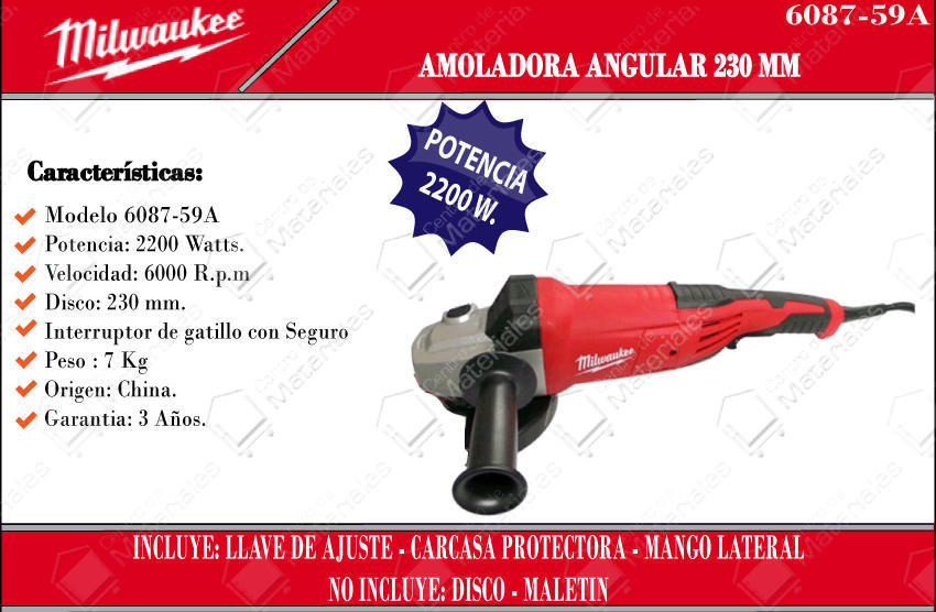 Milwaukee Amoladora 230mm 9" 2200 W Rpm6600 6087-59a