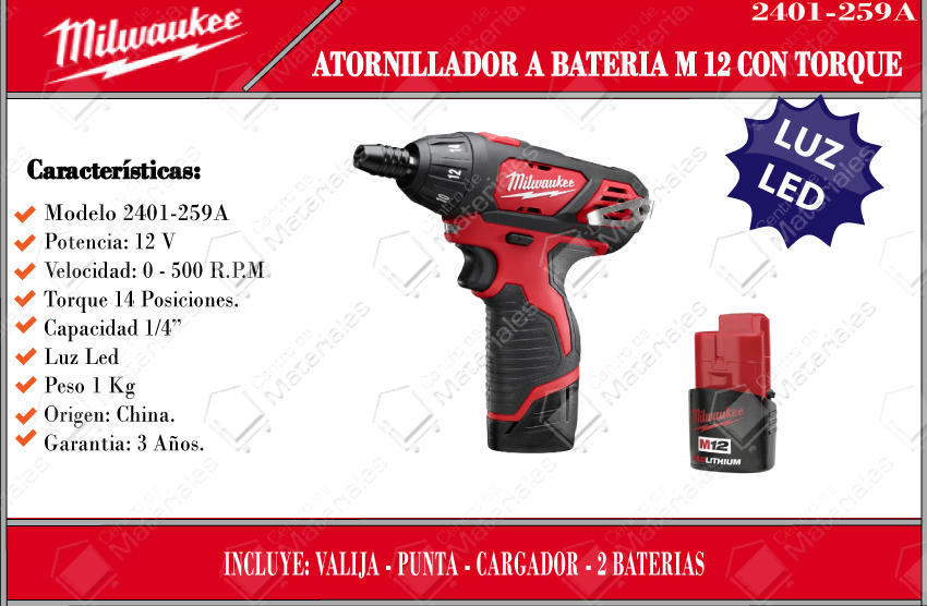 Milwaukee Atornillador 1/4 Hex 12 V Li 1,5 Amp Con Carb 2 Bat