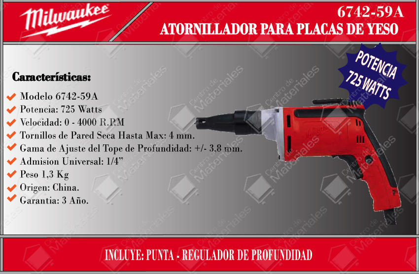 Milwaukee Atornillador Durlock  725w 6742-59a