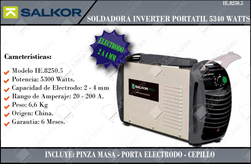Salkor Soldadora Inverter 220 V 5500w 250 Amp Elect. 2 A 4mm - Centro de  Materiales