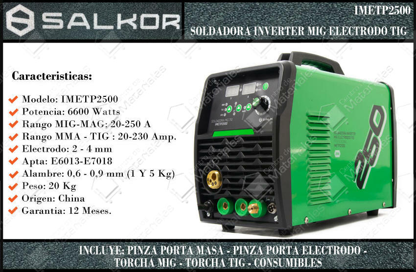 Salkor Soldadora Inverter Mig / Tig / Electrodo 6600w 250 Amp Apta  Electrodo 6013-7018 - Centro de Materiales