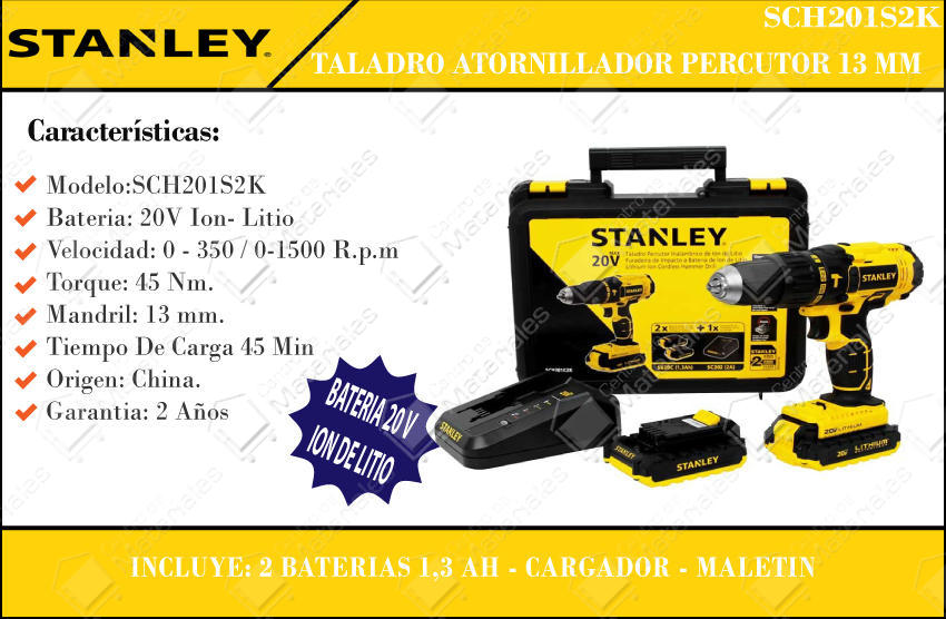 Stanley - Atornillador Taladro 13mm Percutor 20v 2vel. Mec. Rev. Led 2bat  1,3a Carg. Maletin Sch201c2k - Centro de Materiales