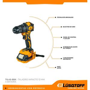 Lusqtoff Atornillador Taladro Percutor 13 Mm 18v (2 Baterias 2ah - Cargador - Maletin)