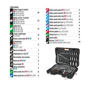 Truper Set 210 Piezas 1/4, 3/8 1/2 Llaves Combinadas, Tubos, Llave Crique, Puntas Herramientas