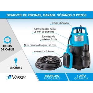 Vasser Bomba Sumergible 400 W - Agua Sucia / Limpia Solidos 25 Mm