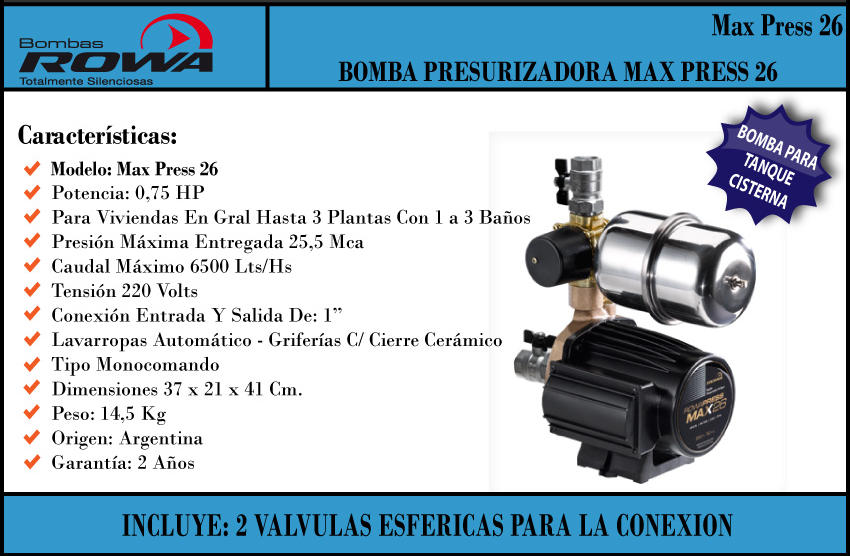 Rowa Bomba Presurizadora Rowapress  Max 26