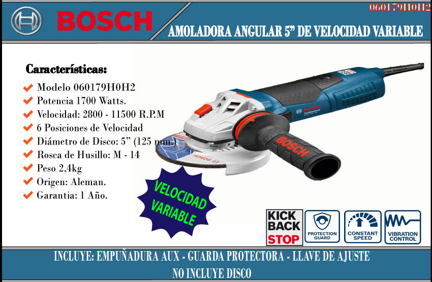 Bosch Amoladora 125 Mm 5 Gws17-125 Cie V. Var. 1700w - Centro de Materiales