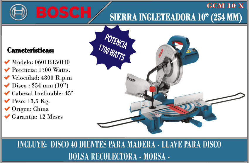 Bosch Ingletadora Gcm10x 1700w 10" Con Discodisco