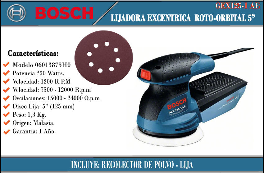 LIJADORA EXCENTRICA GEX 125-1 AE PROFESIONAL 250W BOSCH